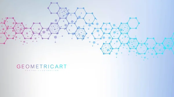 Molécula de estructura y comunicación. ADN, átomo, neuronas. Concepto científico para su diseño. Líneas conectadas con puntos. Medicina, tecnología, química, antecedentes científicos. Ilustración vectorial. — Vector de stock