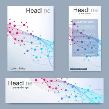 Broşür, A4 şablonu, afiş ayarla. Birbirine bağlı çizgiler ve noktalar olan moleküler yapı. Dergi, broşür, kapak, poster tasarımı için elementleri olan bilimsel desenli atom DNA 'sı.