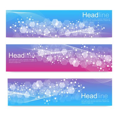 Modern vektör pankartlarının bilimsel seti. Birbirine bağlı çizgiler ve noktalar olan DNA molekül yapısı. Bilimsel ve teknoloji konsepti. Tasarımınız için dalga akış grafik arkaplanı. Vektör illüstrasyonu.