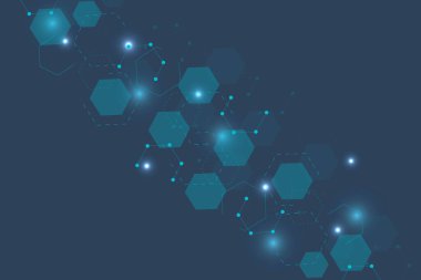 Bilim ağı şablonu, noktaları ve çizgileri birleştiriyor. Teknoloji altıgenlerin yapısı veya moleküler bağlantı elementleri.