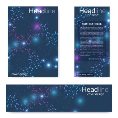 Broşür, A4 şablonu, afiş ayarla. Birbirine bağlı çizgiler ve noktalar olan moleküler yapı. Dergi, broşür, kapak, poster tasarımı için elementleri olan bilimsel desenli atom DNA 'sı.
