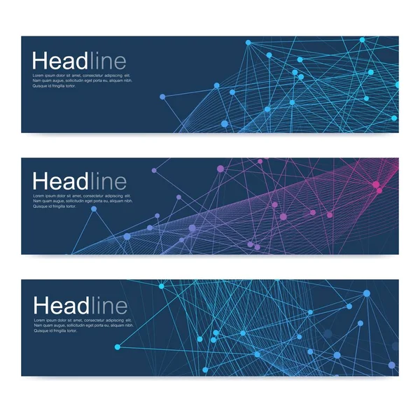 Conjunto científico de banners vetoriais modernos. Estrutura molecular de DNA com linhas e pontos conectados. Conceito científico e tecnológico. Fundo gráfico de fluxo de onda para o seu design. Ilustração vetorial . — Vetor de Stock