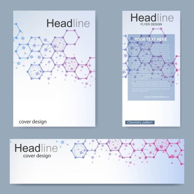 Broşür, A4 şablonu, afiş ayarla. Birbirine bağlı çizgiler ve noktalar olan moleküler yapı. Dergi, broşür, kapak, poster tasarımı için elementleri olan bilimsel desenli atom DNA 'sı.