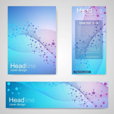 Broşür, A4 şablonu, afiş ayarla. Birbirine bağlı çizgiler ve noktalar olan moleküler yapı. Dergi, broşür, kapak, poster tasarımı için elementleri olan bilimsel desenli atom DNA 'sı.