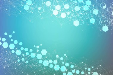 Bilim ağı şablonu, noktaları ve çizgileri birleştiriyor. Teknoloji altıgenlerin yapısı veya moleküler bağlantı elementleri.