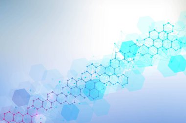 Bilimsel altıgen kalıbın modern fütüristik arka planı. Parçacık, tıbbi, teknoloji, kimya ve bilim için molekül yapısına sahip sanal soyut bir arka plan. Sosyal ağ