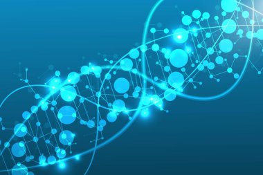 Yapı molekülü ve iletişim. DNA, atom, nöronlar. Tasarımınız için bilimsel bir kavram. Noktalarla birleştirilmiş çizgiler. Tıp, teknoloji, kimya, bilim geçmişi. resimleme.