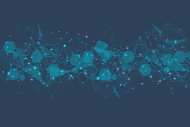 Bağlı çizgi ve noktalarla Geometrik soyut arkaplan. Yapı molekülü ve iletişim. Tasarımınız için bilimsel bir kavram. Tıp, teknoloji, bilim geçmişi. resimleme.