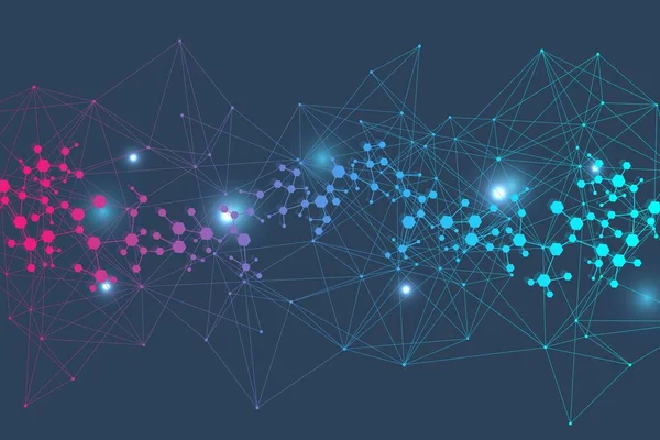 Yapı molekülü ve iletişim. DNA, atom, nöronlar. Tasarımınız için bilimsel bir kavram. Noktalarla birleştirilmiş çizgiler. Tıp, teknoloji, kimya, bilim geçmişi. resimleme. — Stok fotoğraf