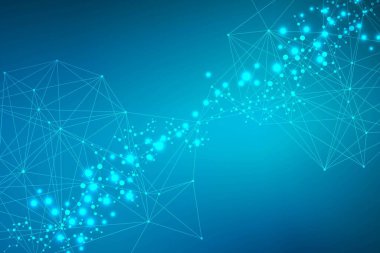 Yapı molekülü ve iletişim. DNA, atom, nöronlar. Tasarımınız için bilimsel bir kavram. Noktalarla birleştirilmiş çizgiler. Tıp, teknoloji, kimya, bilim geçmişi. resimleme.