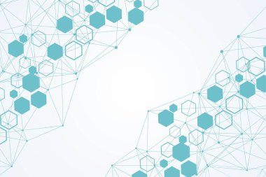 Bilimsel altıgen kalıbın modern fütüristik arka planı. Parçacık, tıbbi, teknoloji, kimya ve bilim için molekül yapısına sahip sanal soyut bir arka plan. Sosyal ağ