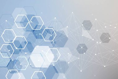 Bilim ağı şablonu, noktaları ve çizgileri birleştiriyor. Teknoloji altıgenlerin yapısı veya moleküler bağlantı elementleri.