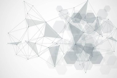 Bağlı çizgi ve noktalarla Geometrik soyut arkaplan. Yapı molekülü ve iletişim. Tasarımınız için bilimsel bir kavram. Tıp, teknoloji, bilim geçmişi. resimleme.