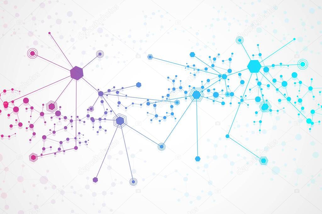 Structure molecule and communication. Dna, atom, neurons. Scientific concept for your design. Connected lines with dots. Medical, technology, chemistry, science background. illustration.