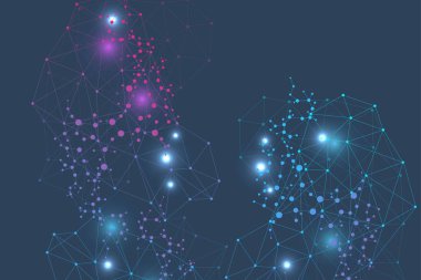 Yapı molekülü ve iletişim. DNA, atom, nöronlar. Tasarımınız için bilimsel bir kavram. Noktalarla birleştirilmiş çizgiler. Tıp, teknoloji, kimya, bilim geçmişi. resimleme.