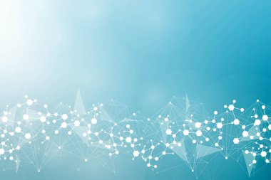 Yapı molekülü ve iletişim. DNA, atom, nöronlar. Tasarımınız için bilimsel bir kavram. Noktalarla birleştirilmiş çizgiler. Tıp, teknoloji, kimya, bilim geçmişi. resimleme.