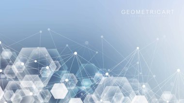 Bilim ağı şablonu, noktaları ve çizgileri birleştiriyor. Teknoloji altıgenlerin yapısı veya moleküler bağlantı elementleri.