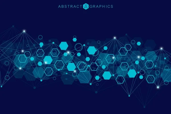 Modèle de réseau scientifique, lignes et points de connexion. Technologie hexagones structure ou éléments de connexion moléculaire. — Image vectorielle