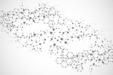 Yapı molekülü ve iletişim. DNA, atom, nöronlar. Tasarımınız için bilimsel bir kavram. Noktalarla birleştirilmiş çizgiler. Tıp, teknoloji, kimya, bilim geçmişi. Vektör illüstrasyonu.