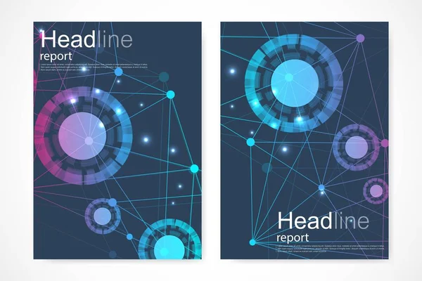 Mall för vetenskaplig broschyr. Vector flyer layout, Molekylär struktur med anslutna linjer och prickar. Vetenskapligt mönster atom DNA med element för tidskrift, broschyr, omslag, affisch design. — Stock vektor