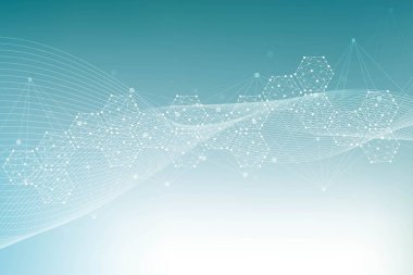 Bilim ağı şablonu, noktaları ve çizgileri birleştiriyor. Teknoloji altıgenlerin yapısı veya moleküler bağlantı elementleri.