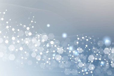 Yapı molekülü ve iletişim. DNA, atom, nöronlar. Tasarımınız için bilimsel bir kavram. Noktalarla birleştirilmiş çizgiler. Tıp, teknoloji, kimya, bilim geçmişi. Vektör illüstrasyonu.