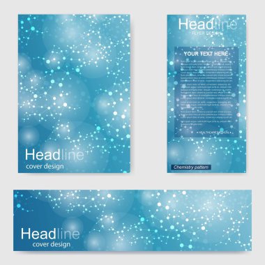 Broşür, A4 şablonu, afiş ayarla. Birbirine bağlı çizgiler ve noktalar olan moleküler yapı. Dergi, broşür, kapak, poster tasarımı için elementleri olan bilimsel desenli atom DNA 'sı.