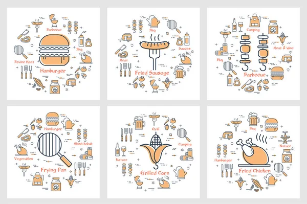 ピクニックの食べ物や機器の六つの線形概念 — ストックベクタ