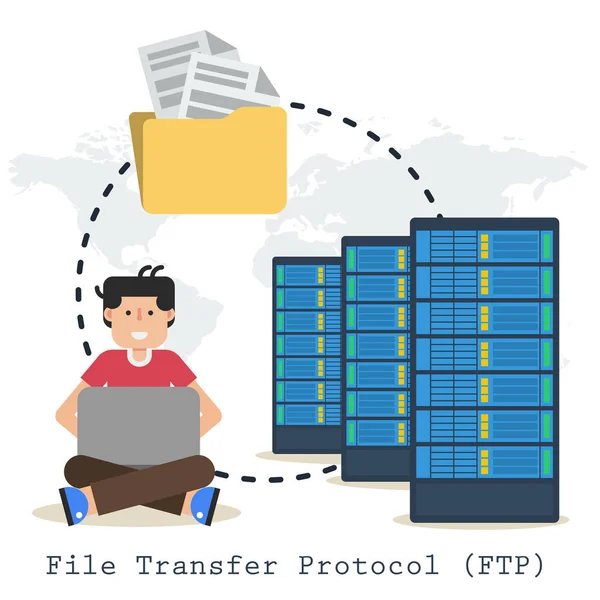 Conceito de protocolo de transferência de arquivos com homem, pasta — Vetor de Stock