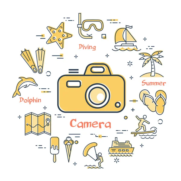 Icone colorate nelle vacanze estive - fotocamera fotografica — Vettoriale Stock
