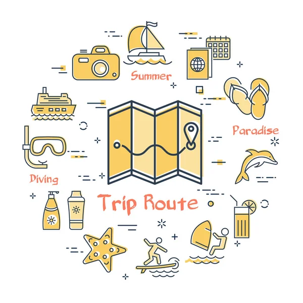 Vector map with route and summer time vacation icons — Stock Vector