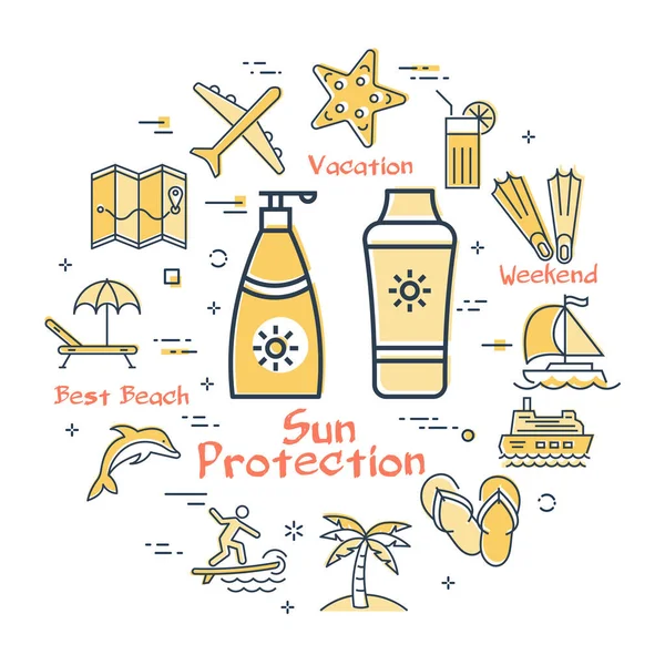 Барвисті ікони в літні канікули - сонцезахисний крем — стоковий вектор