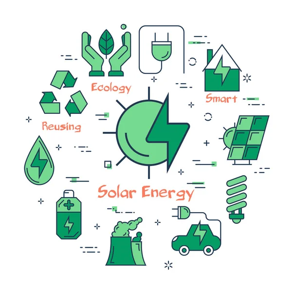 Ilustração Linear Vetorial Fonte Energia Solar Alternativa Vários Ícones Eco — Vetor de Stock