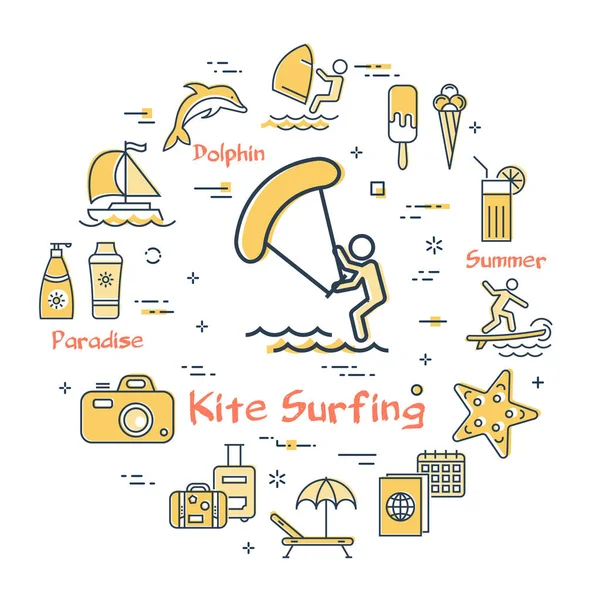 Vector kite surf entretenimiento e iconos de verano — Vector de stock