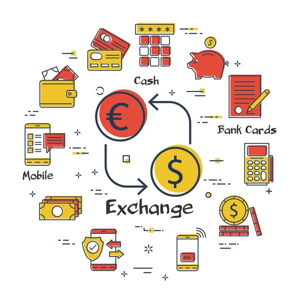 Financiación vectorial y concepto lineal bancario - cambio de divisas — Archivo Imágenes Vectoriales