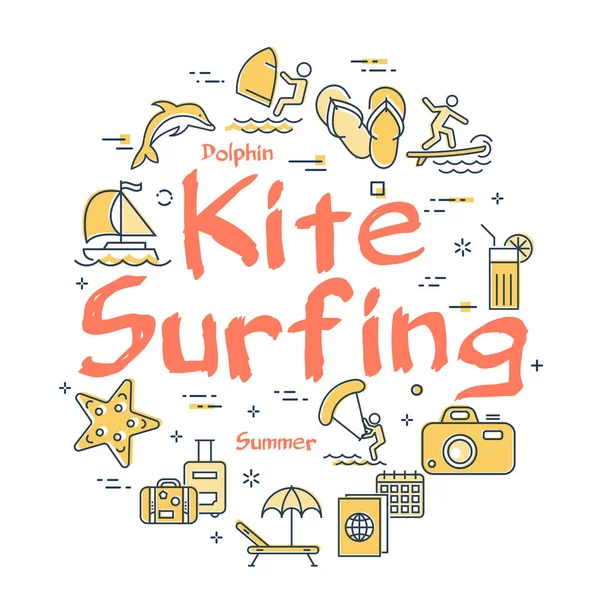 Барвисті іконки в літній темі Kitesurfing — стоковий вектор