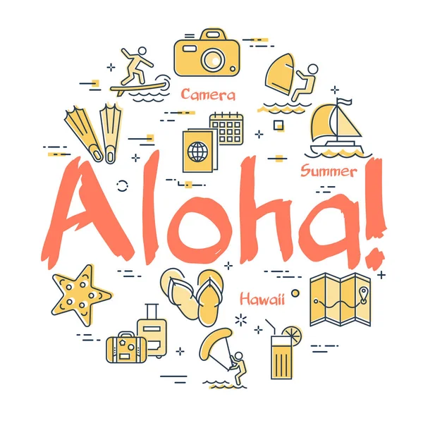 Iconos coloridos en el tema de las islas de verano - Aloha — Archivo Imágenes Vectoriales