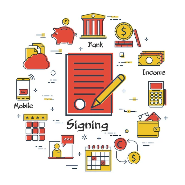 Financiën en bankwezen concept - ondertekening van een contract — Stockvector