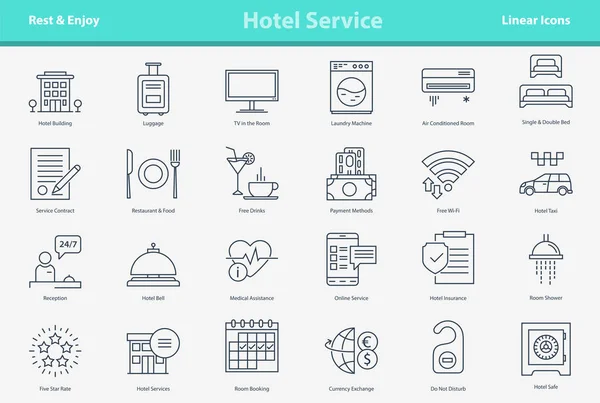 Conjunto de ícones de contorno vetorial - serviço de hotel — Vetor de Stock