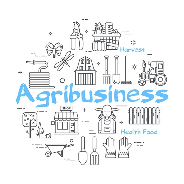 Vektorově modrý banner lineární koncept - Agribusiness Farm — Stockový vektor