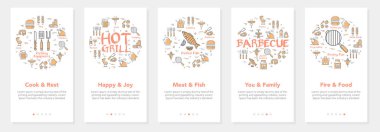 Dikey vektör bbq ve piknik yazı beş bayrak - yemek ve dinlenme, mutluluk ve neşe