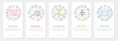 Dikey vektör bbq ve piknik yazı beş pankart - sıcak ızgara ve en iyi dinlenme