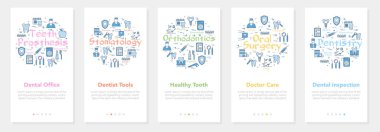 Diş hekimliği kavramına sahip dikey beş pankart - diş muayenesi, ofis ve araçlar