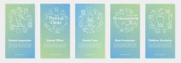 Cinco pancartas verticales con concepto de línea de odontología - inspección dental y odontología infantil — Vector de stock