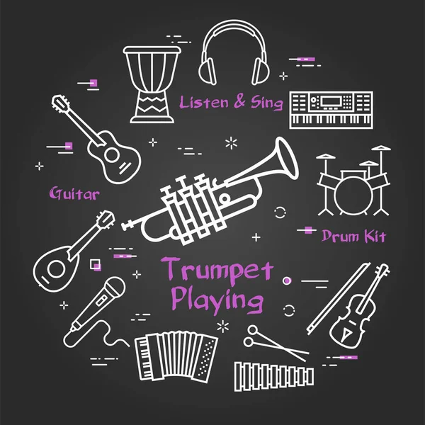 Banner lineal negro vectorial para música - trompeta tocando — Vector de stock