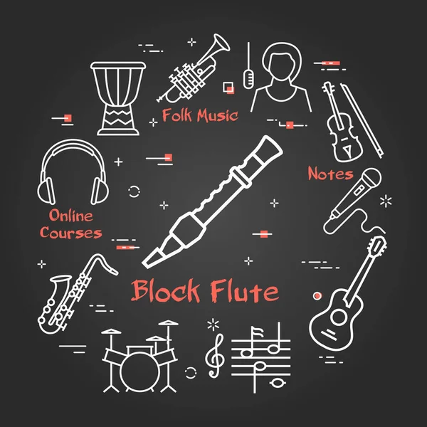 Banner lineal negro vectorial para música - flauta de bloque — Vector de stock