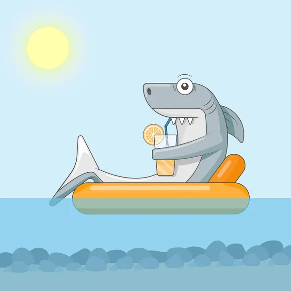 Köpekbalığı kokteyl içer ve hava yatağı üzerinde yüzen