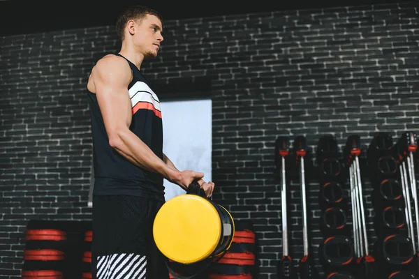 Handsome Sportsman Sandbag Shoulders While Exercises Gym Attractive Athletic Male — Stock Photo, Image
