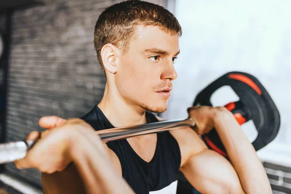 Close Portrait Sporty Muscular Fitness Man Preparing Deadlift Barbell His — Stock Photo, Image