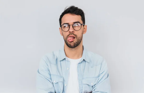 Portrait Stylish Bearded Male Wears Trendy Glasses Blue Shirt Has — Stock Photo, Image